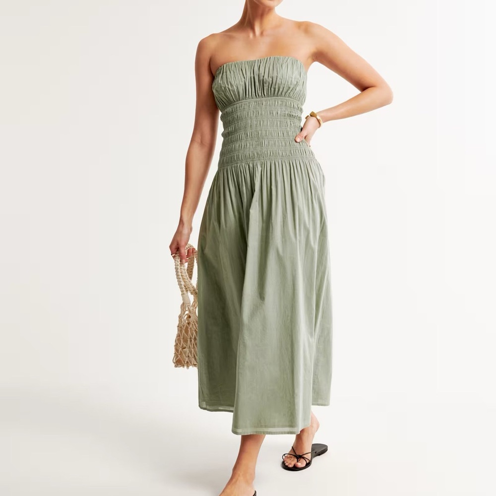 Abercrombie & Fitch Sage Green Strapless Drop-Waist Smocked Midi Dress